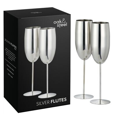 2 Flûtes à Champagne Argentées en Acier Inoxydable (280ml)