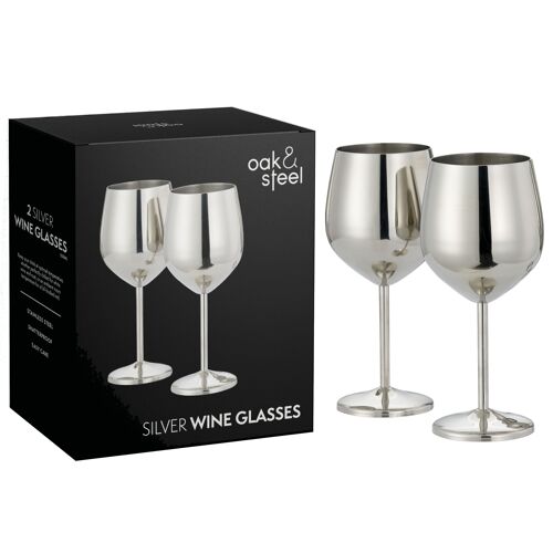2 Stainless Steel Silver Wine Glasses, 500ml