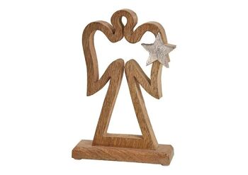 Stand ange avec décor étoile en métal en bois de manguier marron (L/H/P) 14x22x5cm