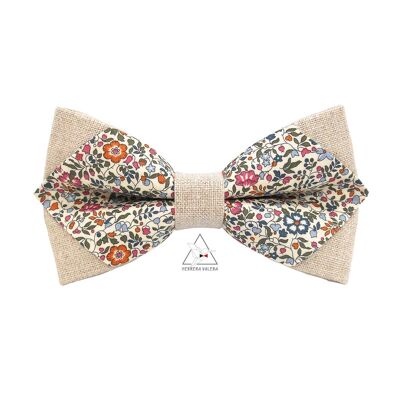 Pointed bow tie in linen and Liberty - Katie & Millie bistre