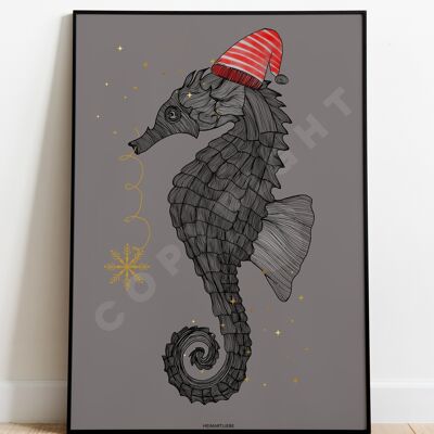 PRINT - CHRISTMAS SEAHORSE GRAY BROWN