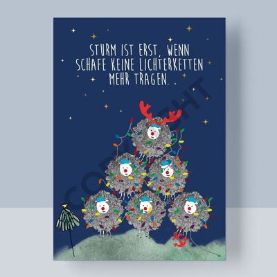 CHRISTMAS POSTCARD - STORM IS ONLY WHEN SHEEP STOP WEARING LIGHT STRINGS