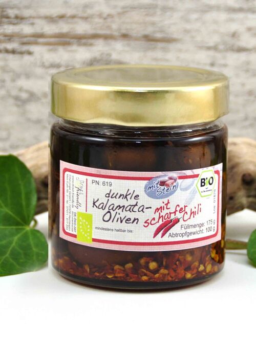 Schwarze Bio Oliven mit Stein mit Chili in Olivenöl - Griechenland Kalamata