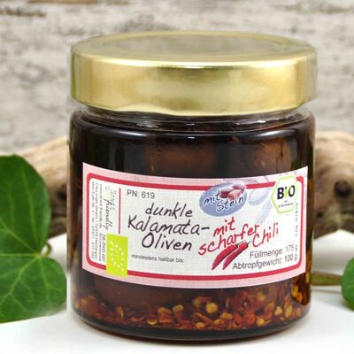 Black organic olives with stone with chilli in olive oil - Greece Kalamata