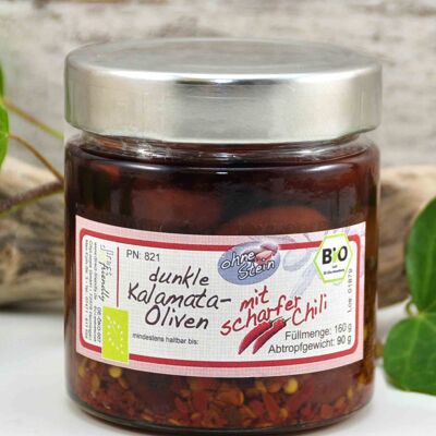 Aceitunas negras e orgánicas deshuesadas con chile en aceite de oliva - Grecia Kalamata