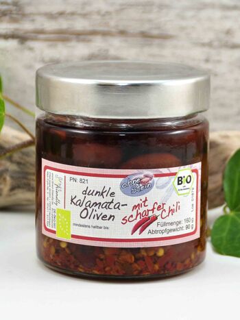Olives noires et bio dénoyautées avec piment à l'huile d'olive - Grèce Kalamata 1