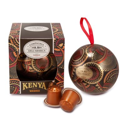 4 aluminum Kenya coffee capsules in an elegant Christmas bauble