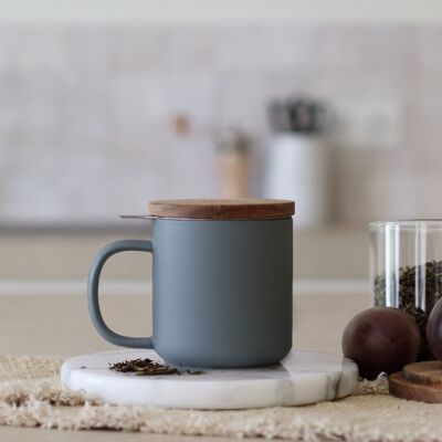 Juliet tea maker 300ml in pearl gray stoneware with acacia wood lid