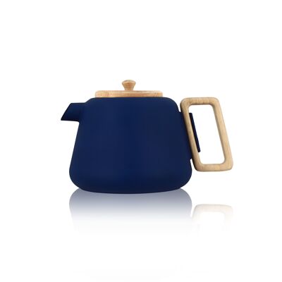 Viggo 1000ml blue cast iron teapot with wooden handle and lid - hob compatible