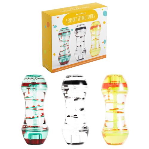 Liquid Spiral Motion Timers -  Pack of 3 - 15cm, 3 Colours - Calming Sensory Toys for Stress Relief