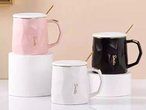 Ceramic mug with lid and spoon, in 3 colors. TK-621