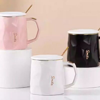 Ceramic mug with lid and spoon, in 3 colors. TK-621