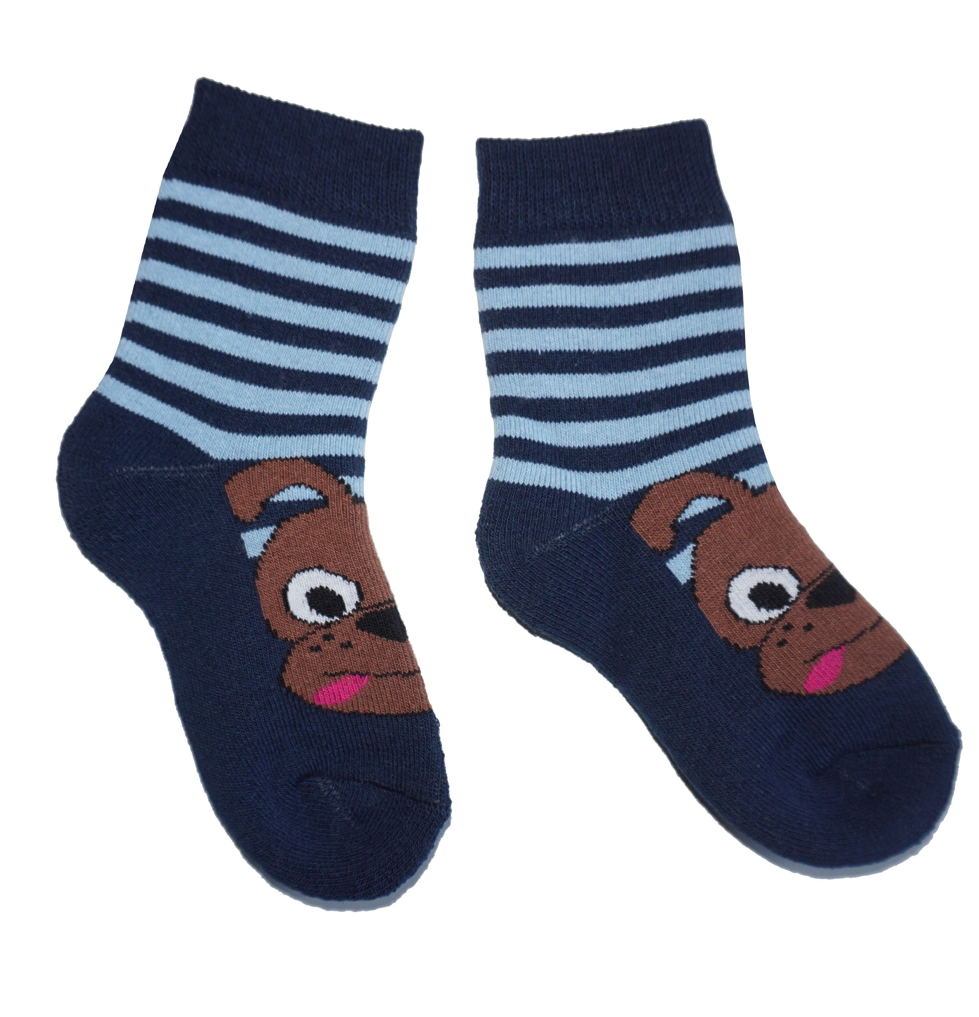 Plüschfrotteesocken für Kinder >>Charlie der Hund: Marineblau<< Hochwertige Kinder-Baumwollplüschsocken