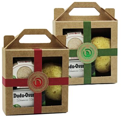Gift set mini - soap box cream white, Dudu Osun® CLASSIC & natural sponge