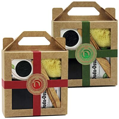 Set de regalo mini - jabonera terciopelo negro, Dudu Osun® CLASSIC, Dudu Shea® PURE, esponja natural, espátula de madera de olivo