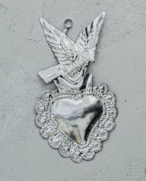 Coeur ex-voto métal colombe - Métal naturel