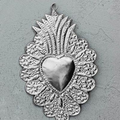 Heart ex-voto wreath of flowers - Natural metal