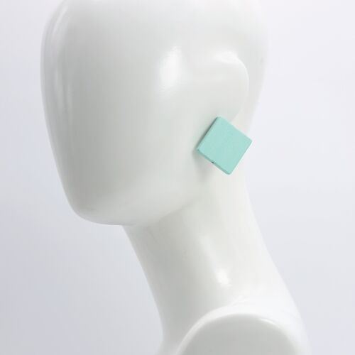 Wooden 3 cm squares clip on earrings - Turquoise