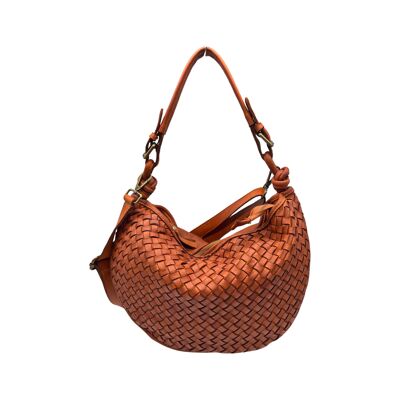 ALTEA CAMEL WASHED BRAIDED LEATHER SHOULDER BAG