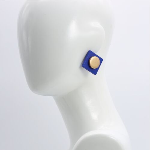 2 cm Wooden disks on 3cm wooden squares clip on earrings - Cobalt Blue/Gold