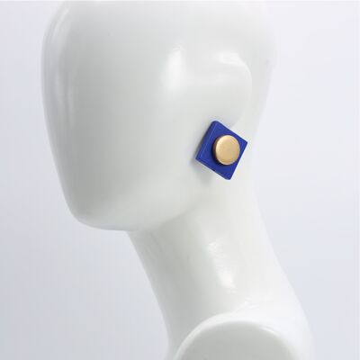 Dischi di legno di 2 cm su orecchini a clip di quadrati di legno di 3 cm - Blu cobalto/oro