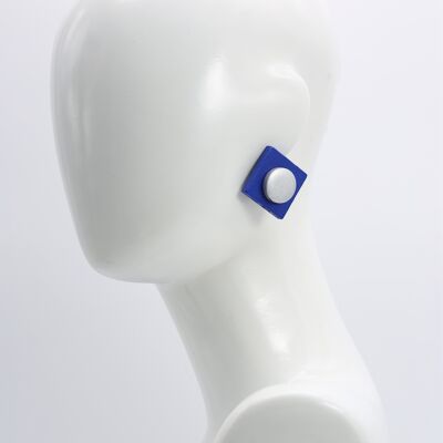Boucles d'oreilles clips 2 cm Disques en bois sur carrés de bois 3cm - Bleu Cobalt/Argent