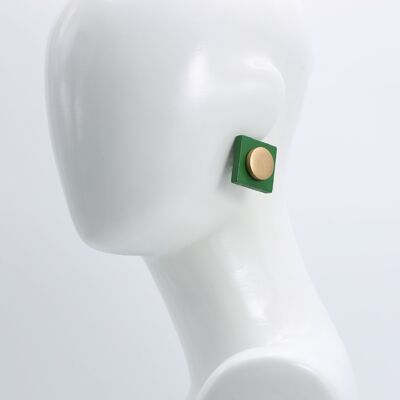 Pendientes de clip de discos de madera de 2 cm en cuadrados de madera de 3 cm - Verde primavera / Dorado