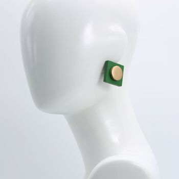 Boucles d'oreilles clips 2 cm Disques en bois sur carrés en bois de 3 cm - Vert Printemps/Or