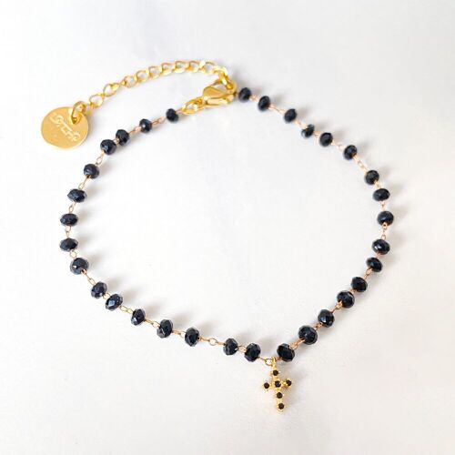 Bracelet black Mary mini croix perles noires