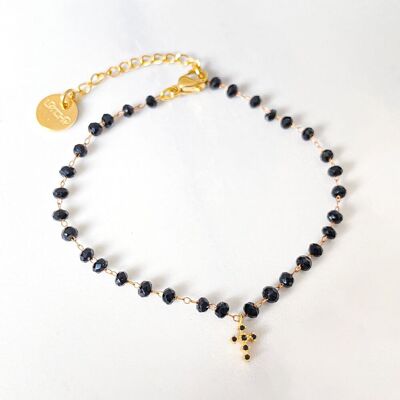 Black Mary mini cross bracelet with black beads