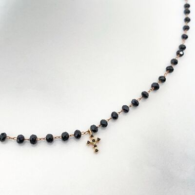 Black Mary mini cross necklace with black beads