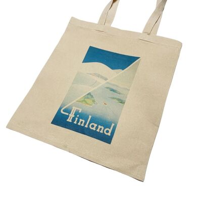 Borsa tote con poster da viaggio in Finlandia, montagne dei fiordi, arte vintage