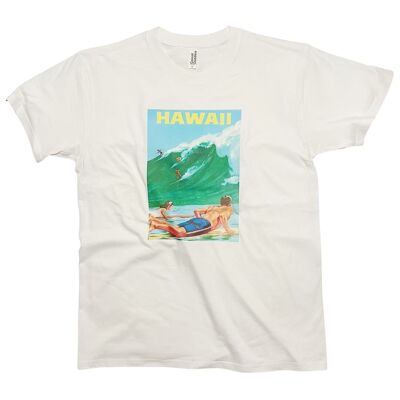 T-shirt con poster di viaggio alle Hawaii. Poster di surf vintage