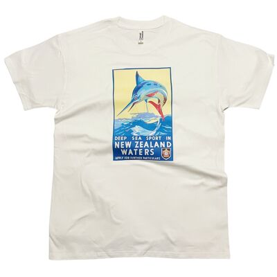 Nuova Zelanda Pesca con la spada T-shirt Poster da viaggio vintage Art