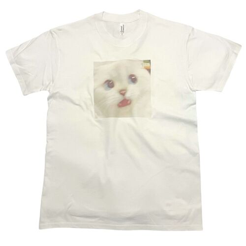 Funny Shocked Cat Meme T-Shirt White Cat with Blue Eyes