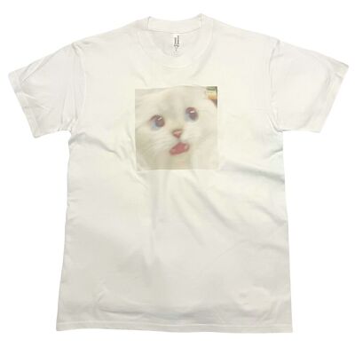 Camiseta divertida con diseño de gato sorprendido, gato blanco con ojos azules