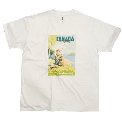 T-shirt con poster di viaggio in Canada, pesca, fiume, lago, arte vintage