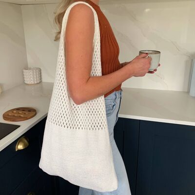White Knitted Crochet Shoulder Bag Eco Friendly Boho