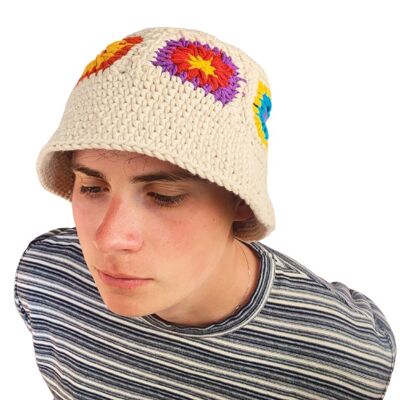 Cream Handmade Knitted Crochet Bucket Hat Granny Square