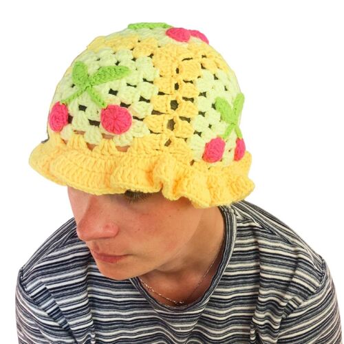 Yellow Handmade Knitted Crochet Bucket Hat Granny Square