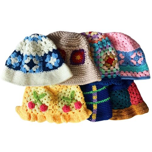 Handmade Knitted Crochet Bucket Hat Granny Square