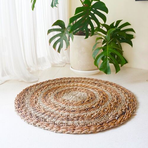 Teppich 100/120 cm Gestreift Runder Naturfaserteppich aus Bananenfaser, Seegras & Wasserhyazinthe Naturteppich beige braun POHON (2 Größen)