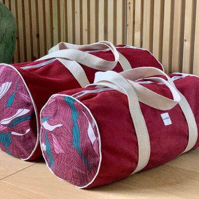 Raspberry red corduroy and handmade cotton duffel bag