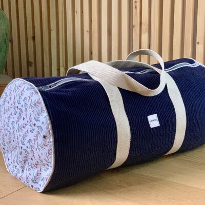 Women's bowling bag in navy blue corduroy and handmade cotton