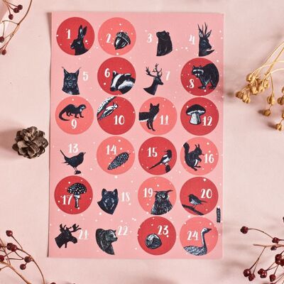 Hoja de pegatinas Calendario de Adviento con motivos de animales A5, rojo