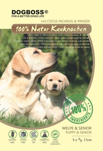 DOGBOSS Os à mâcher 100% naturels, chiot et senior, peau de bœuf au Cistus Incanus et tripes, lot de 5 en 12 cm (5x55g=275g) ou 17 cm (5x105g=525g) 9