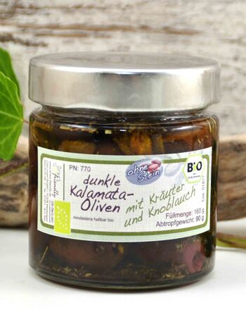 Olives noires bio dénoyautées aux herbes et ail à l'huile d'olive - Grèce Kalamata 1