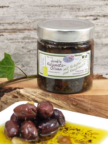 Olives noires bio dénoyautées aux herbes et ail à l'huile d'olive - Grèce Kalamata 4