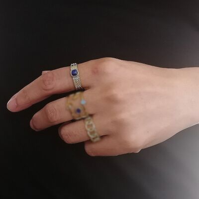 Steel Ring Cabochon Natural Stone Square Set with 3 Christmas Rings
