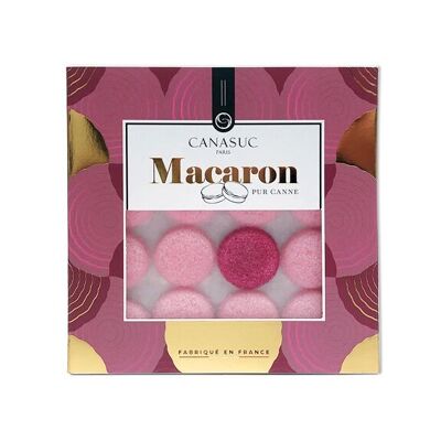 Box of sugars in the shape of a pink and blackcurrant macaron.